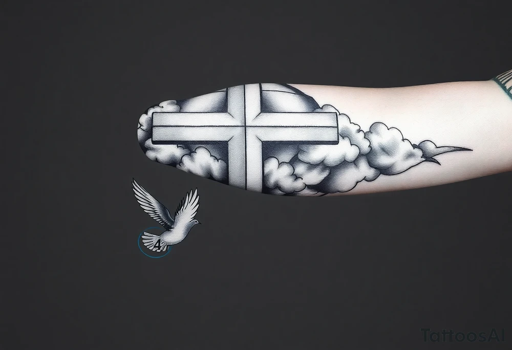 Big cross with clouds in the back everywhere  with a dove a the bottom left of the forearm with a blue circle ring it and the number 4 to the of the dove with whole tattoo covering the whole forearm and add fire tattoo idea