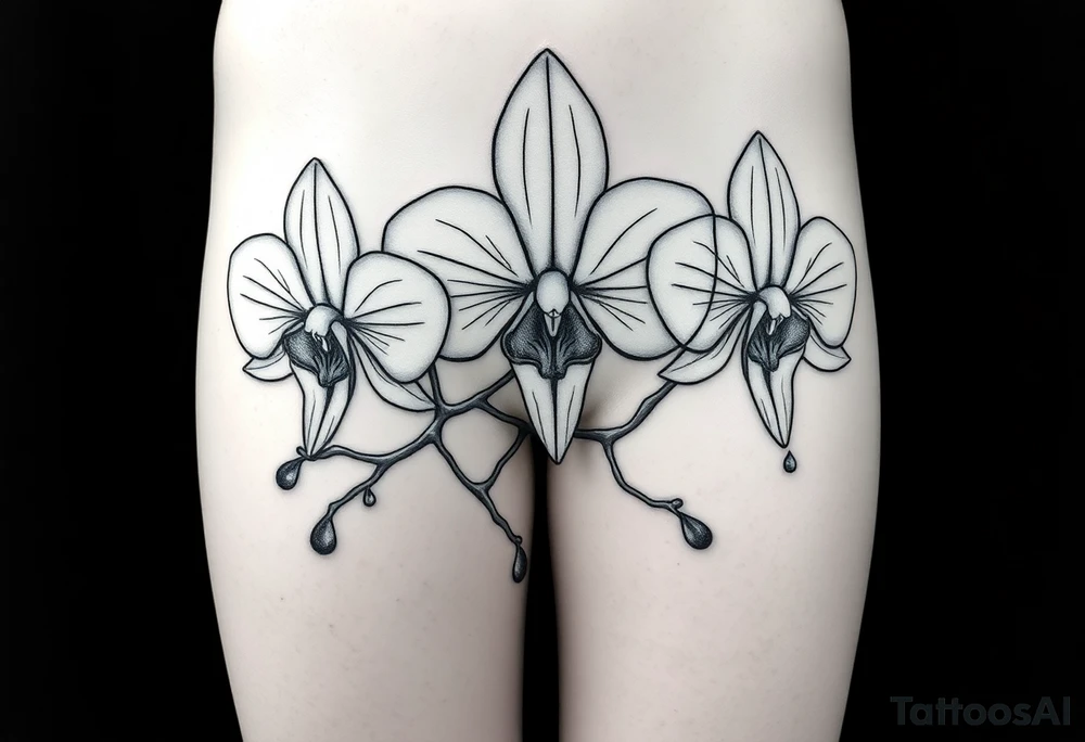 Draw of three fine line orchids different size realistic, the central part resembles a vagina. Are connected with branches that appears a mix with drops and seeds tattoo idea