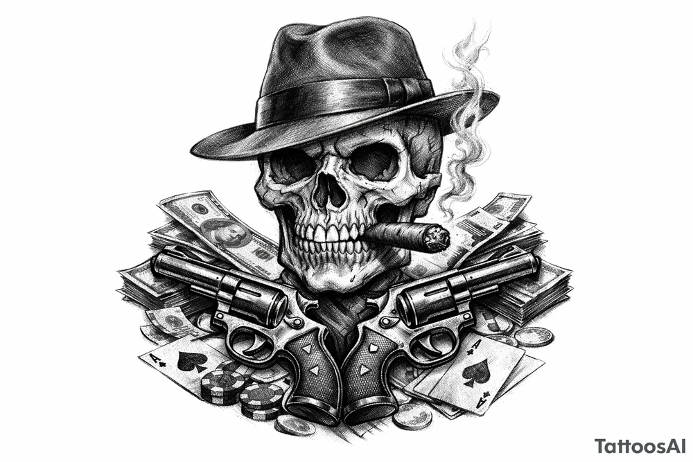 A black and grey skull with a fedora, cigar, and crossed revolvers, with scattered money and cards. tattoo idea