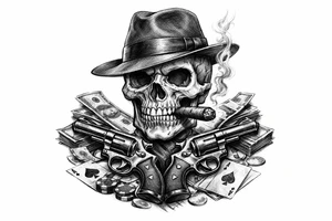 A black and grey skull with a fedora, cigar, and crossed revolvers, with scattered money and cards. tattoo idea