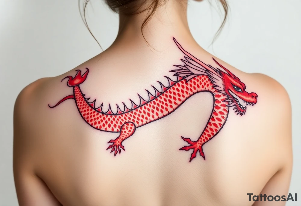 Big red chinese dragon along spine tattoo idea