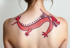 Big red chinese dragon along spine tattoo idea