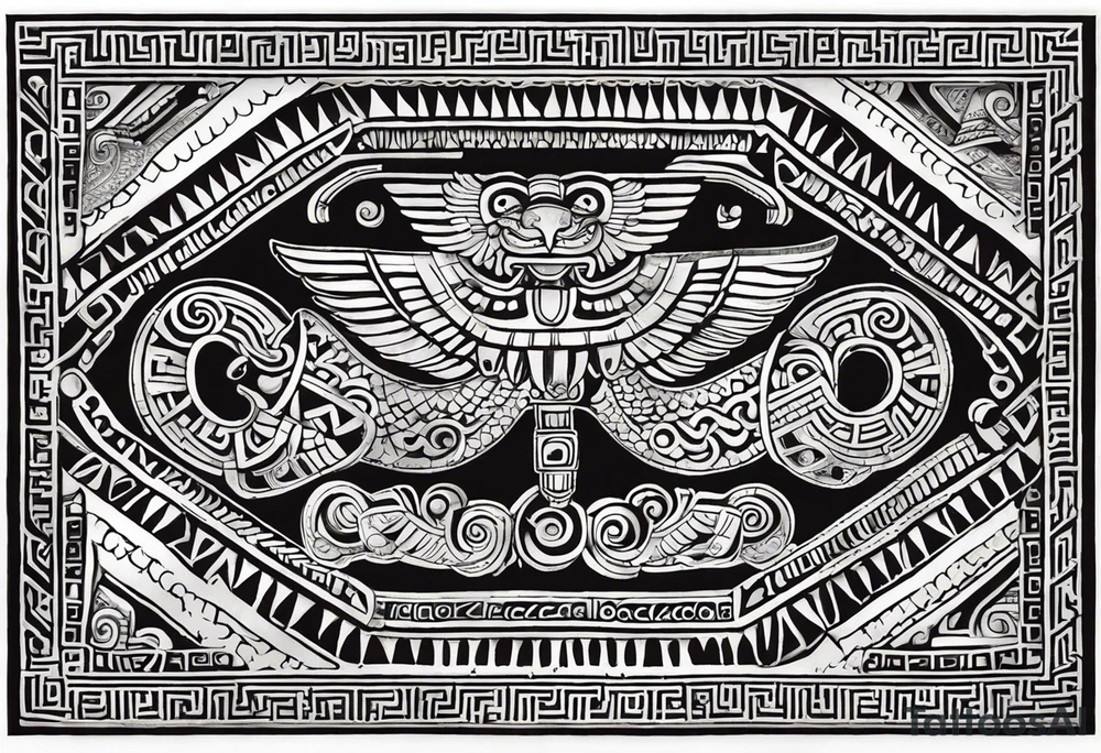 Create a right chest tattoo of Quetzalcoatl based on the original depiction discovered in the Pyramid of the Sun at Teotihuacan. Use the ancient feathered serpent form, with Quetzalcoatl's body coiling in a strong, fluid motion across the chest. Maintain the authenticity of the Teotihuacan style, with bold, angular geometric patterns and intricate detailing in the scales and feathers. The face should feature a traditional Mesoamerican headdress and mask, with the god's fierce, regal expression preserved. Make the eyes intense and striking, with sharp fangs protruding. Use black and gray shading to give the design depth, keeping the ancient stone carving aesthetic, but add subtle modern touches to enhance the masculine and powerful feel. Incorporate authentic Aztec motifs around the serpent, like the sun and stepped pyramids, as part of the chest piece to anchor the design in its historical context tattoo idea