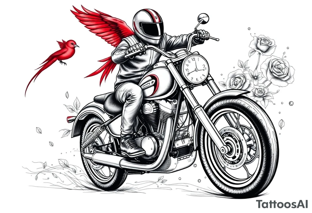 Motorcycle driving away, two red birds flying, roses and lace, flames tattoo idea