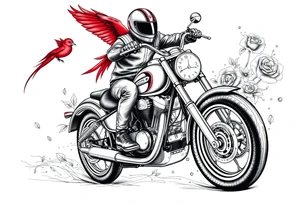 Motorcycle driving away, two red birds flying, roses and lace, flames tattoo idea