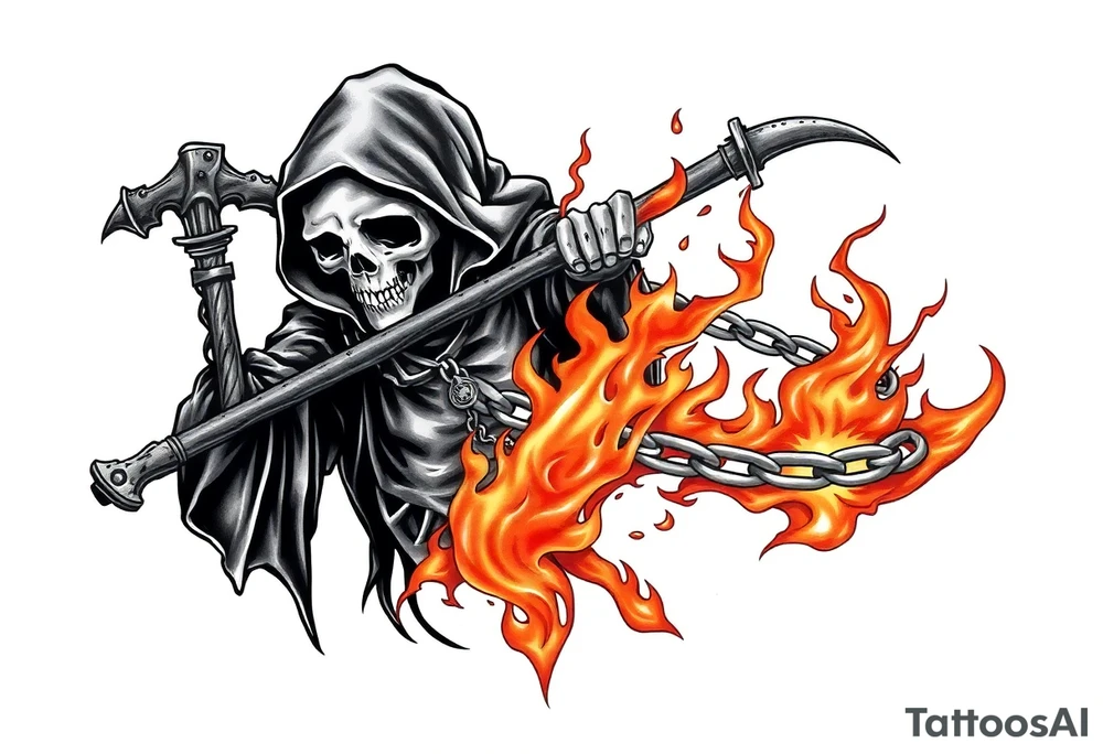 Grim reaper on fire with chain tattoo idea