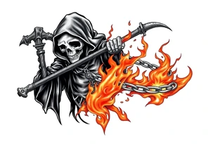 Grim reaper on fire with chain tattoo idea