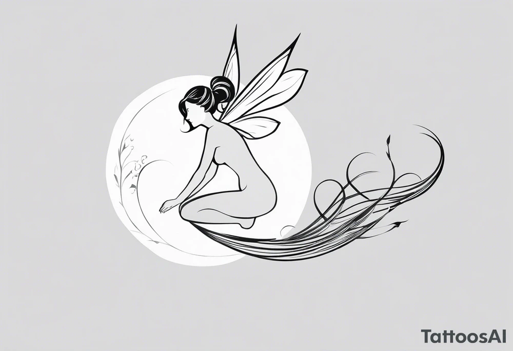 Minimalistic, monochromatic fairy with a tail flying to the left in a fetal position, leaning and looking in the same direction, with visible hands, embodying the 'Fairy Tail' logo aesthetic. tattoo idea