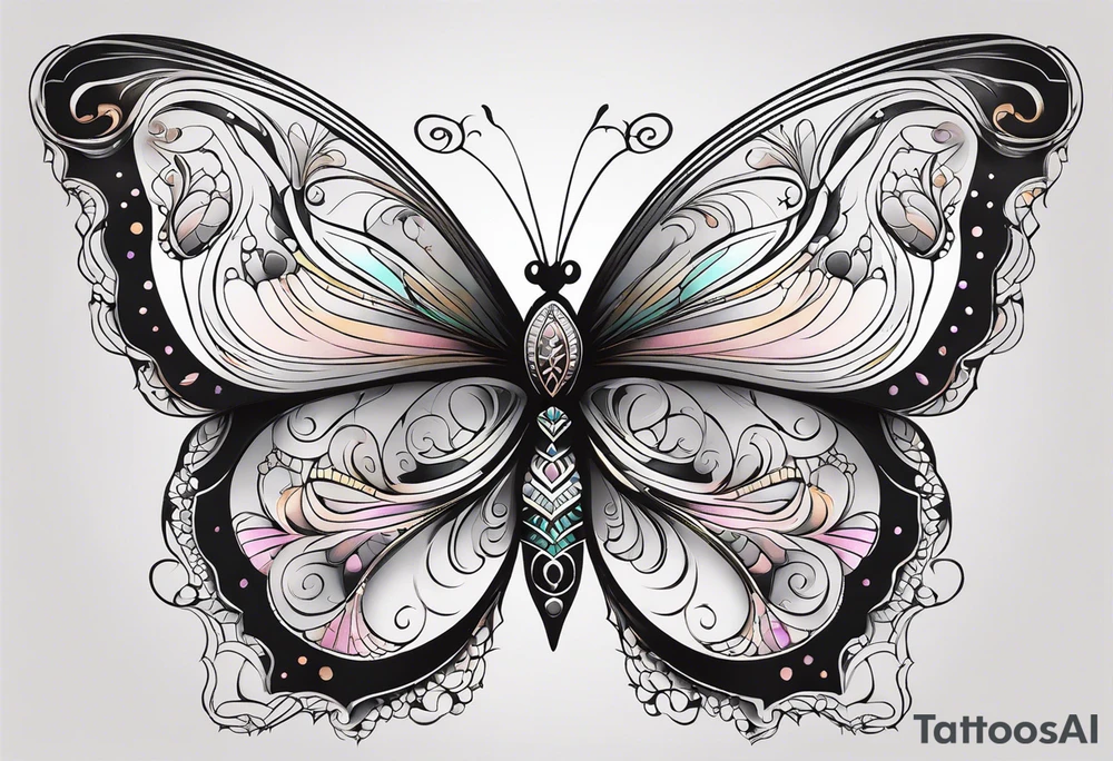 Elegant butterfly with fine, feminine linework, incorporating soft, symmetrical patterns and a light gradient from black to soft pastel hues for a graceful touch. tattoo idea