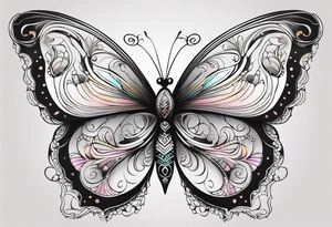 Elegant butterfly with fine, feminine linework, incorporating soft, symmetrical patterns and a light gradient from black to soft pastel hues for a graceful touch. tattoo idea