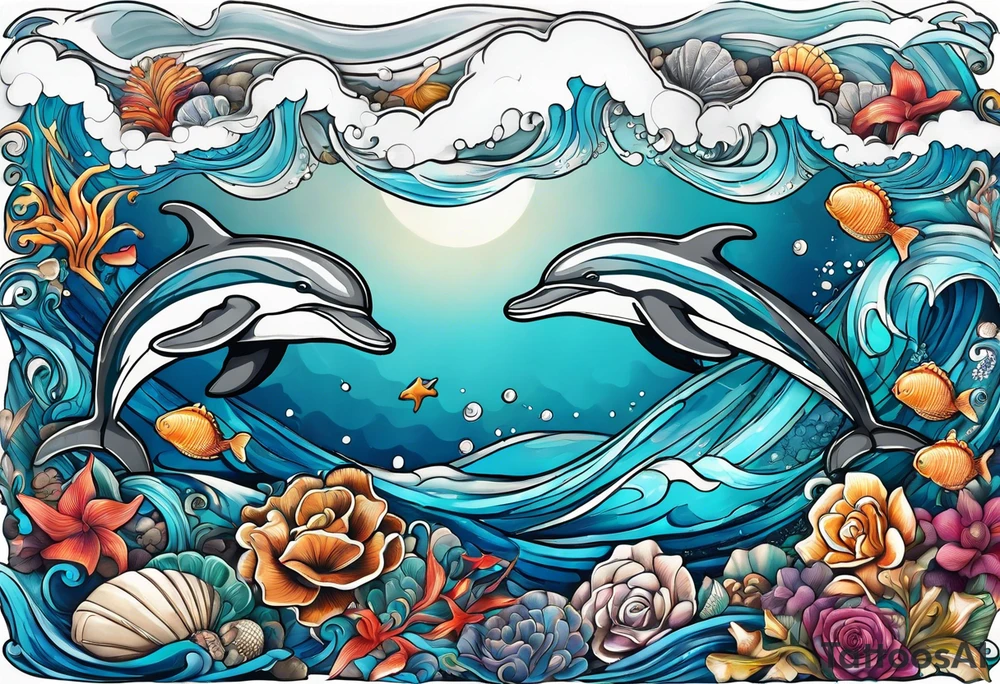 Arm sleeve with dolphins sea shells flowers and sea turtles intertwined in ocean waves tattoo idea