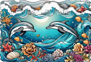 Arm sleeve with dolphins sea shells flowers and sea turtles intertwined in ocean waves tattoo idea
