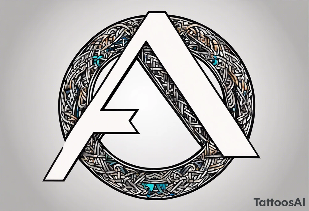 Simplistic symbol large delta inside a circle. Circle is made from chain. Shade of a letter K in a background. tattoo idea