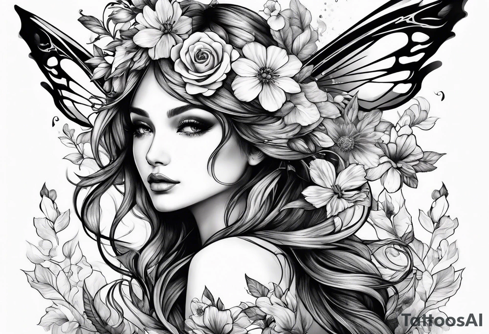 Flying Fairy with flowers tattoo idea