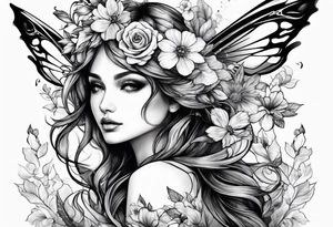 Flying Fairy with flowers tattoo idea