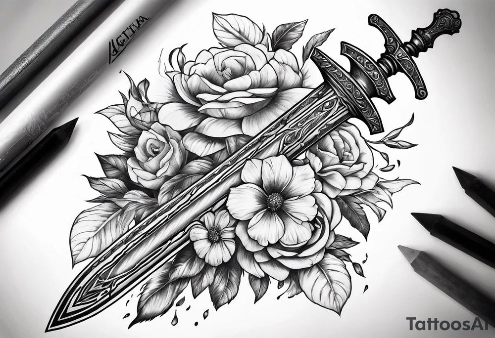 bloody sword with flowers tattoo idea