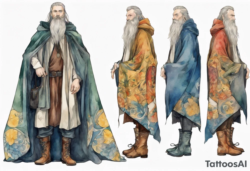 A tall, beautiful Swedish man with long multi-color hair and beard. Wearing a medieval cloak and boots. tattoo idea