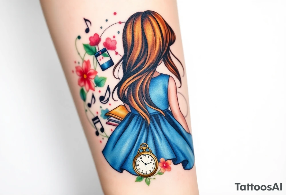 Back view of the silhouette of a brown hair girl in a blue dress. She is following a colorful swirl with music notes, books, and flowers. A pocket watch is at the end of the swirl. tattoo idea