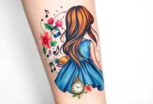 Back view of the silhouette of a brown hair girl in a blue dress. She is following a colorful swirl with music notes, books, and flowers. A pocket watch is at the end of the swirl. tattoo idea