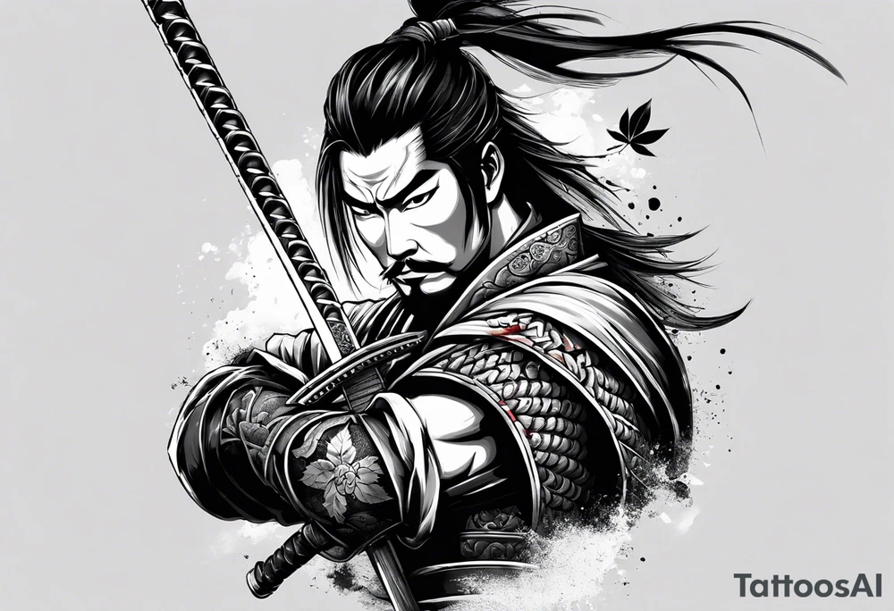 samurai with sword in blood, in armor, for a forearm
Should contains sakura leaves 
The tatoo should show i have dedication, respect and inner strength, and I try to become better everyday tattoo idea