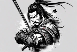 samurai with sword in blood, in armor, for a forearm
Should contains sakura leaves 
The tatoo should show i have dedication, respect and inner strength, and I try to become better everyday tattoo idea