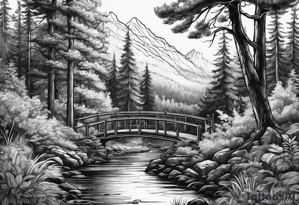Forest with a creek and bridge tattoo idea
