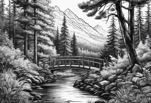 Forest with a creek and bridge tattoo idea