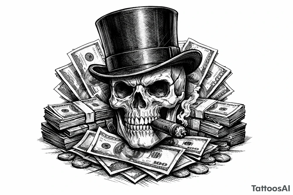 skull with cigar in mouth,top-hat,surrounded by money. tattoo idea