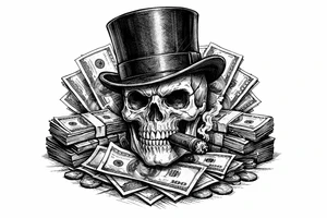 skull with cigar in mouth,top-hat,surrounded by money. tattoo idea