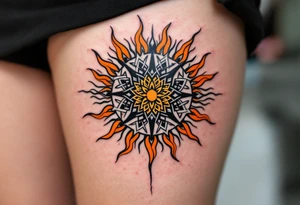 Featuring interlocked black knots and orange rays, this Celtic sun blazes with fierce energy on the upper back. tattoo idea