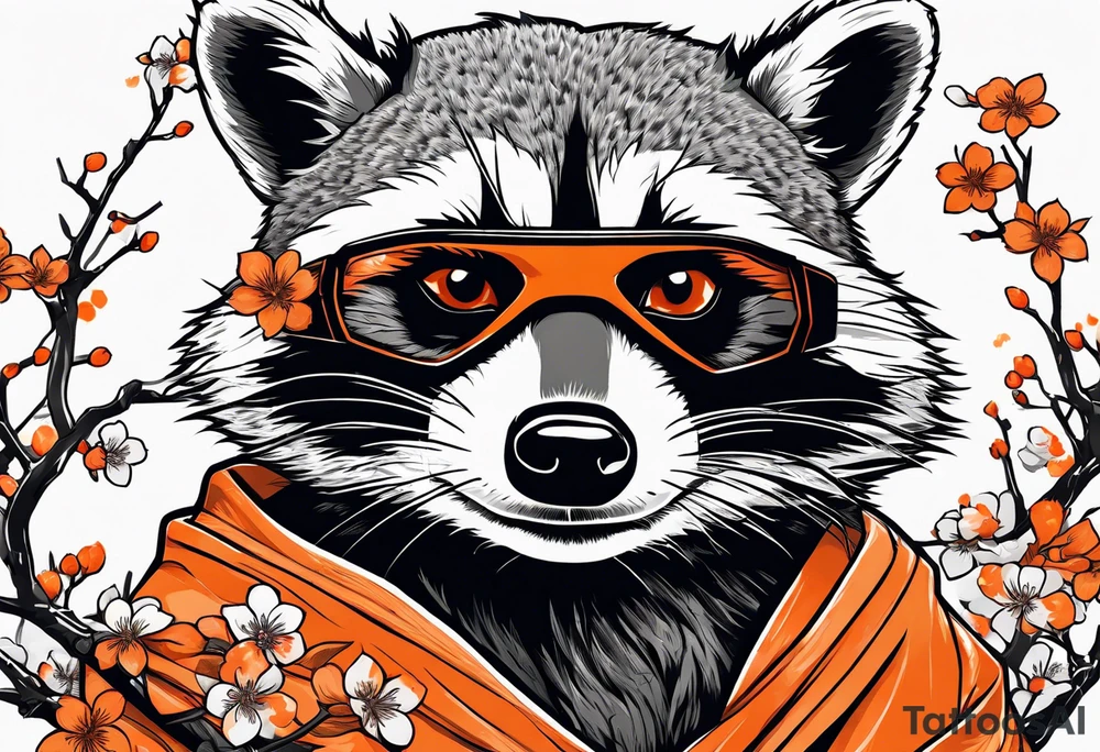raccoon wearing a Superman hoodie with orange Japanese cherry blossoms tattoo idea