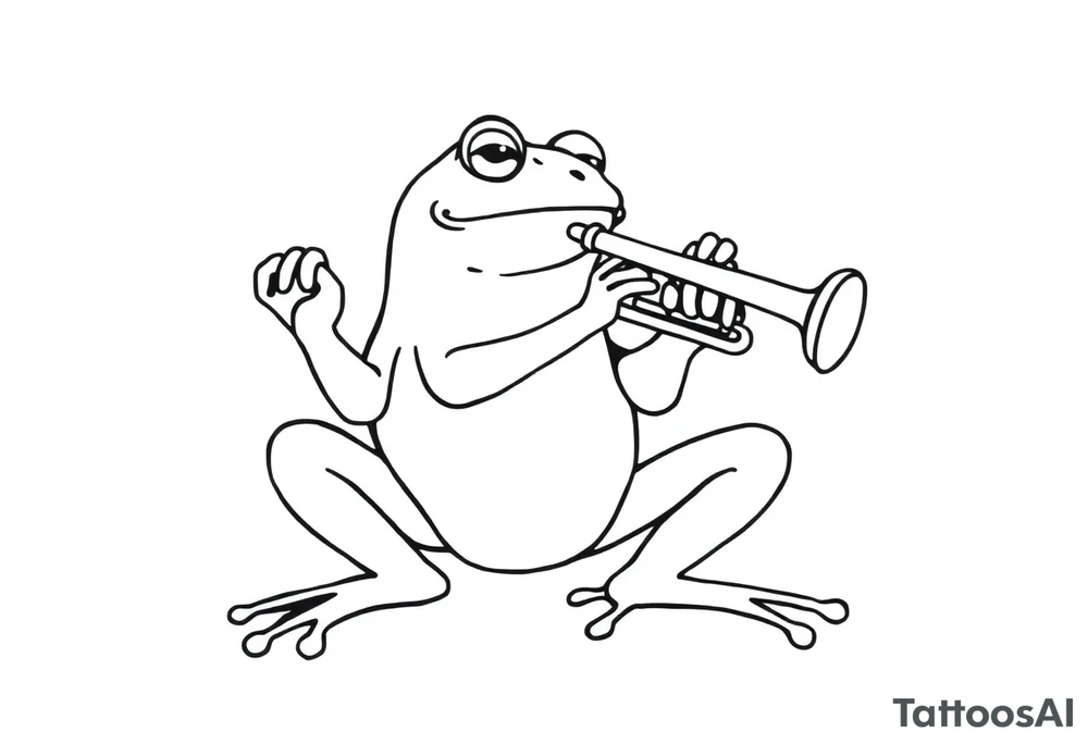 Draw a single continuous line drawing of a frog playing a trumpet, where the entire image is created using only one unbroken black line, with no lifting of the pen and no separate lines. The line must flow smoothly and clearly form the frog and trumpet in a Picasso-inspired, minimalist style. The frog should be easily recognizable, in a jazzy or playful pose, holding and playing the trumpet. No shading, no extra strokes, no background — just one elegant, fluid, uninterrupted line on a white canvas. tattoo idea