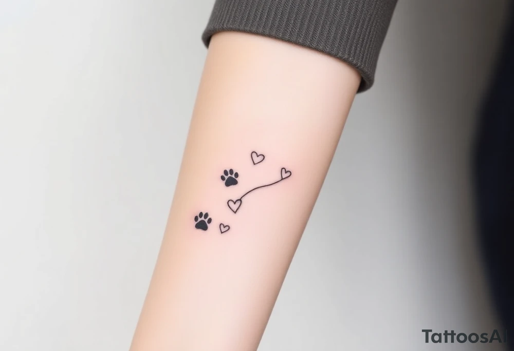 a lineal path of cat paw prints and hearts following the path tattoo idea