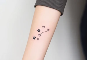 a lineal path of cat paw prints and hearts following the path tattoo idea