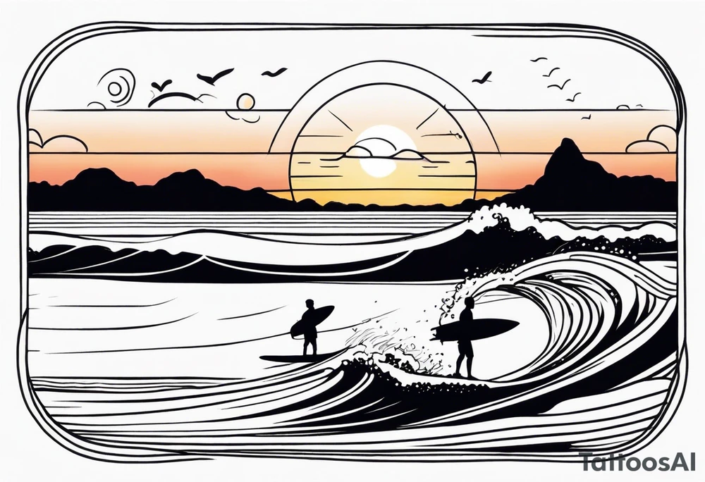Black and white Line work tattoo depicting a father surfing in the sunset, and sharing his surfboard with his two daughters.  The sunset and horizon has musical notes. tattoo idea