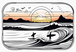 Black and white Line work tattoo depicting a father surfing in the sunset, and sharing his surfboard with his two daughters.  The sunset and horizon has musical notes. tattoo idea
