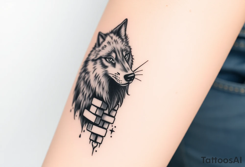 Big  wolf  blowing down   a brick house tattoo idea