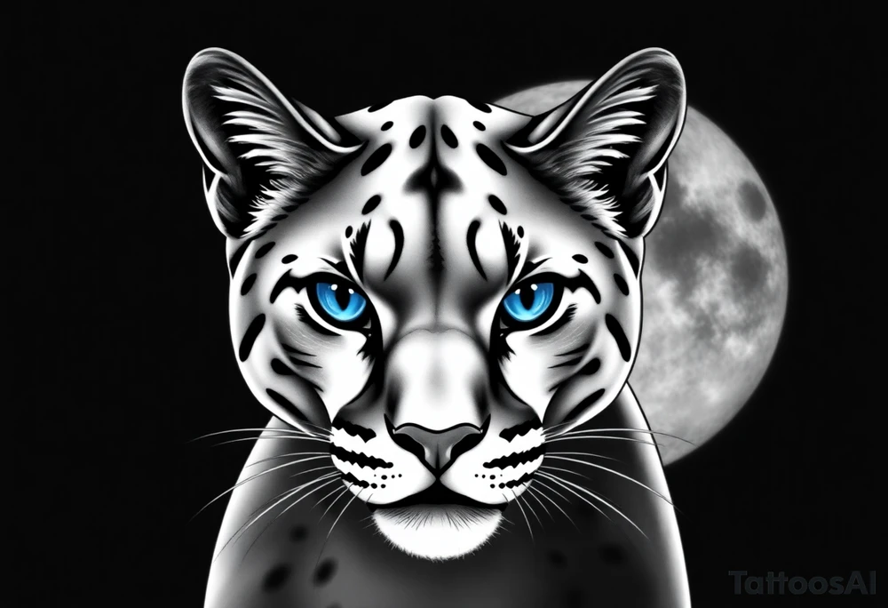 The puma should look strong, elegant, and slightly mysterious.

I want it to have striking, deep blue eyes – that’s an important feature.

Style: I’m open to realism or slightly stylized, but it should still look powerful and beautiful.

The expression should show confidence or calm focus – not aggressive, but alert and intelligent.

Background: Can be minimal or with subtle nature elements (like mist, forest shadows, or moonlight) – nothing too busy.

I’d like the overall composition to feel balanced and meaningful, something that represents inner strength and independence. I want it to look more realistic tattoo idea