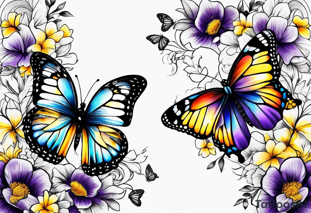 Arm sleeve Butterflies with purple, yellow and blue flowers tattoo idea