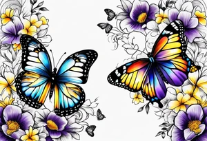 Arm sleeve Butterflies with purple, yellow and blue flowers tattoo idea