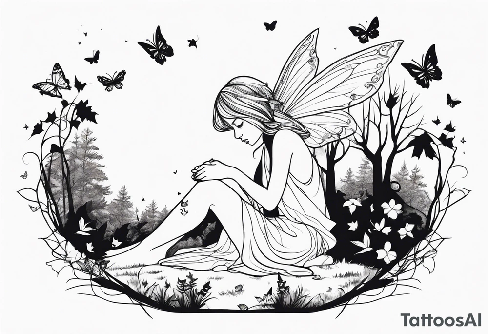 A depressed fairy laid down, flat to the ground on her front, surrounded by mystical woodland and butterflies tattoo idea