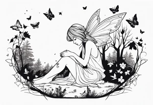 A depressed fairy laid down, flat to the ground on her front, surrounded by mystical woodland and butterflies tattoo idea