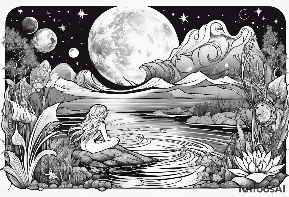 Mermaid in a swamp under the stars and planets tattoo idea