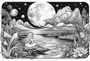 Mermaid in a swamp under the stars and planets tattoo idea