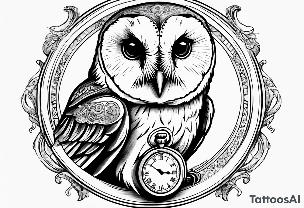 Barn owl holding a pocket watch with the time set at 1:43 tattoo idea