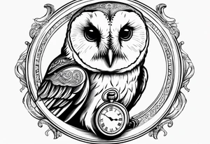 Barn owl holding a pocket watch with the time set at 1:43 tattoo idea