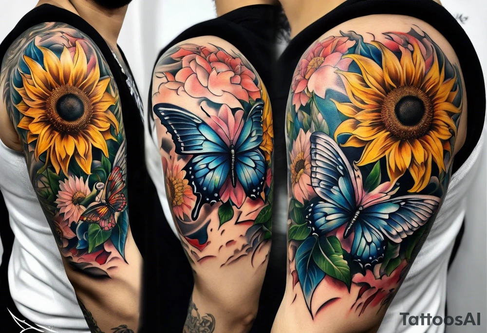 Sleeve with angel wings, sunflower and butterfly tattoo idea