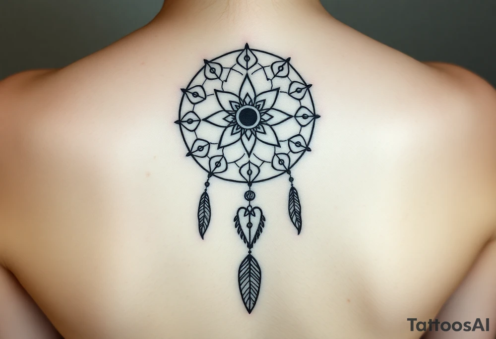 Dreamcatcher with zodiac symbols and protection runes caught in it with wolf teal tattoo idea