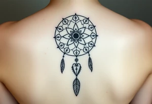 Dreamcatcher with zodiac symbols and protection runes caught in it with wolf teal tattoo idea