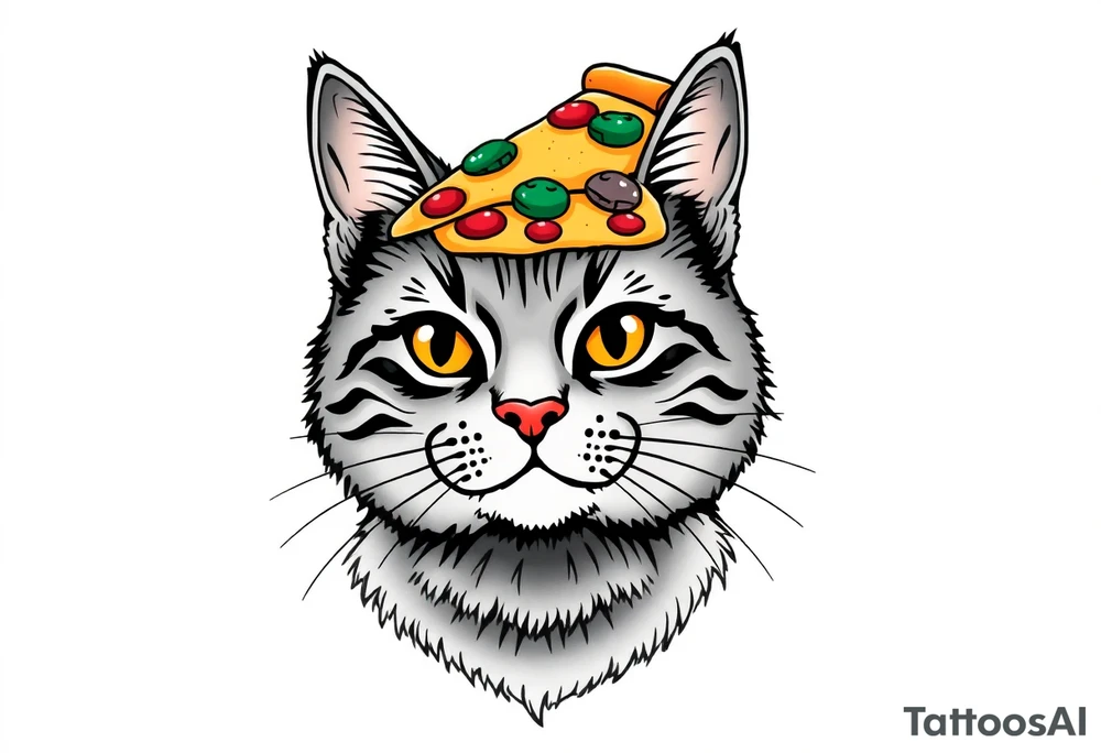 fat grey tabby cat portrait with pizza slice on its head tattoo idea